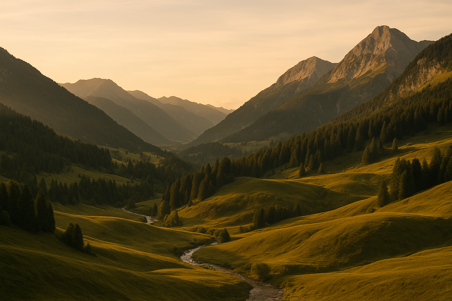 Hügellandschaft in Tirol im Abendlicht