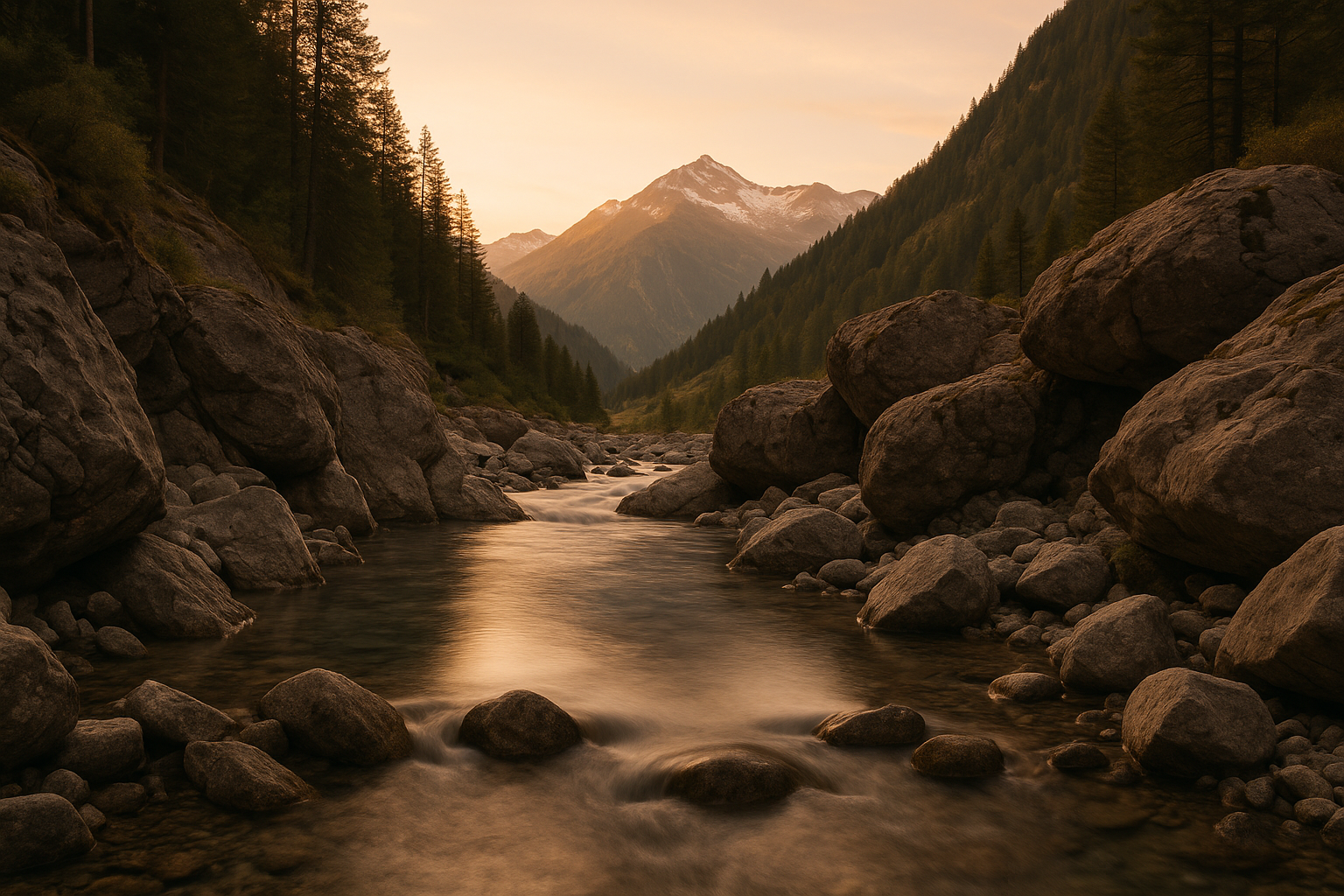 Bergbach im Fels bei Sonnenaufgang in Tirol