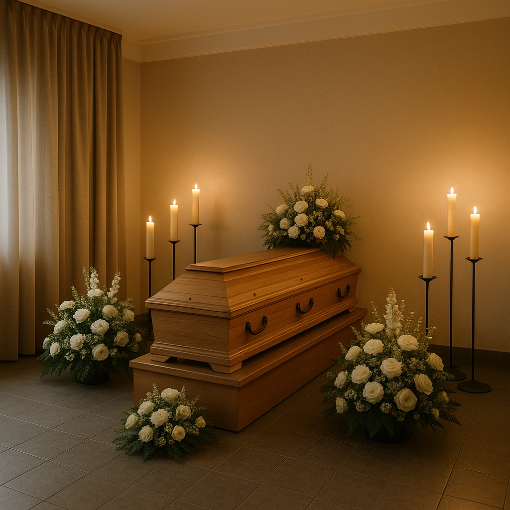 Aufbahrung mit Kerzen und Blumenschmuck